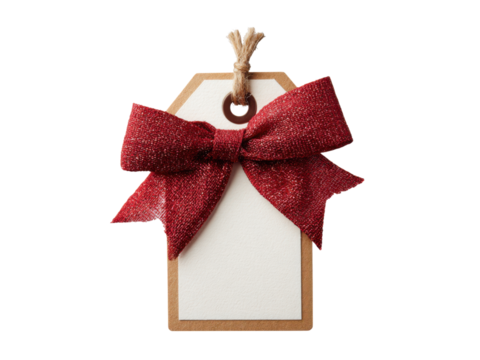 Festive red bow adorns blank gift tag image, Isolated, Png Transparent Background