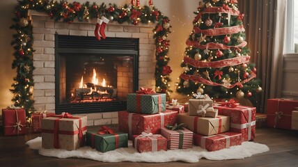Cozy Christmas scene with decorated tree fireplace and presents ready to open