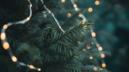 Closeup of a dark green fir tree branch with soft, warm bokeh lights creating a magical, festive holiday ambiance