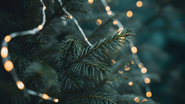 Closeup of a dark green fir tree branch with soft, warm bokeh lights creating a magical, festive holiday ambiance