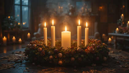 Elegant Advent Candle Arrangement with Five Lit Candles and Festive Decorations in Cozy Room