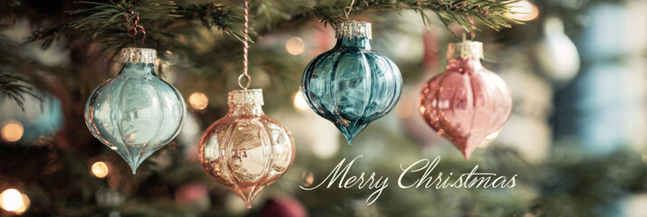 Colorful retro ornaments from the 50s and 60s dangle from a Christmas tree, surrounded by twinkling lights, capturing the joyful spirit of the holiday season, banner