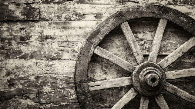 Weathered wooden wagon wheel leans against a distressed brick wall.  The monochrome image evokes a rustic, vintage feel