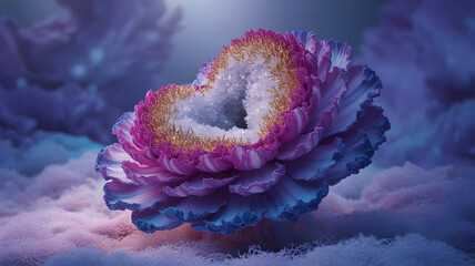 Obraz premium Surreal Geode Flower Formation with Crystalline Petals in Magenta, Blue, and Gold. Abstract Natural Art Concept for Backgrounds, Fantasy Media, and Spiritual Design.
