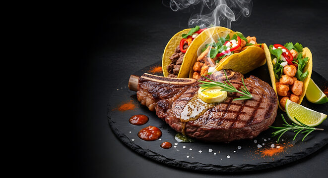Juicy Steak and Tacos Sizzling with Hot Steam - Powered by Adobe