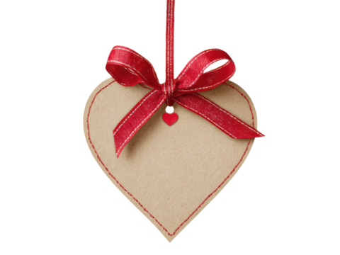 Heart shaped craft gift tag with red ribbon bow image, Isolated, Png Transparent Background - Powered by Adobe