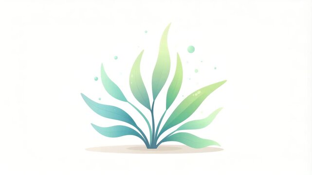 A simple vector illustration of a seaweed plant with bubbles in pastel green and blue, isolated on a white background.