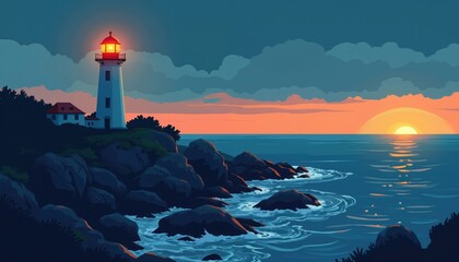 Illuminated lighthouse stands on rocky shore near ocean at twilight. Sun sets over calm sea horizon with orange sky reflection. Waves crash against dark coastal rocks.