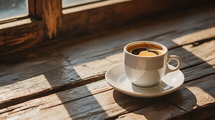 Cup of coffee on rustic wooden table with sunlight streaming in