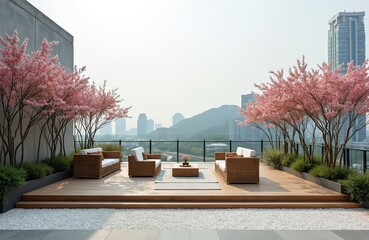 Obraz premium Rooftop patio with wicker furniture, flowering trees overlooks city skyline. Tranquil outdoor space offers modern urban oasis for relaxation with plants, stylish seating arrangements. Enjoy serene