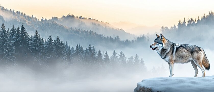 Old wolf stands on cliff edge, gazing over dense forest in misty mountains during early morning light with fog draped over pine trees