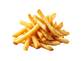 Golden fried potato sticks piled high fries crispy, Isolated, Png Transparent Background