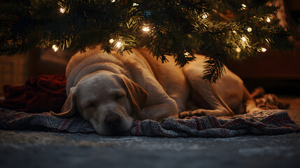 A golden labrador retriever dog sleeps peacefully under a lit Christmas tree on a patterned blanket.