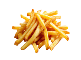 Golden fried potato sticks piled high fries crispy, Isolated, Png Transparent Background