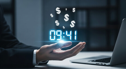 Hand presenting illuminated time and dollar signs floating over a laptop, representing money and time management for business investment.