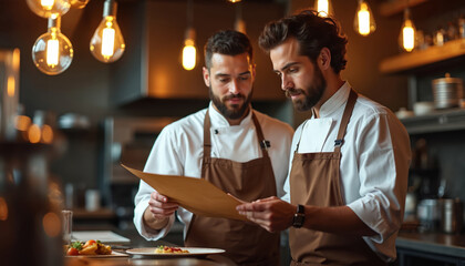 Two pro chefs review menu in modern restaurant kitchen. Experienced cooks discuss food dishes and ingredients. Team collaborates on cooking strategy. Gastronomy and culinary expertise.
