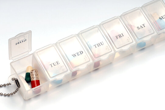 Weekly Pill Organizer with Braille Dots and Open Monday Compartment