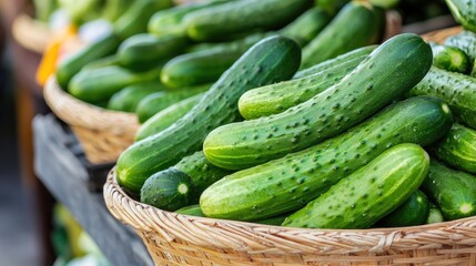 Fresh green cucumbers in a wicker basket ready for harvest at a local farmer's market in the afternoon sun