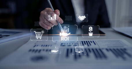Concept of Return on Investment (ROI) for business. Analyzing financial performance and investment...