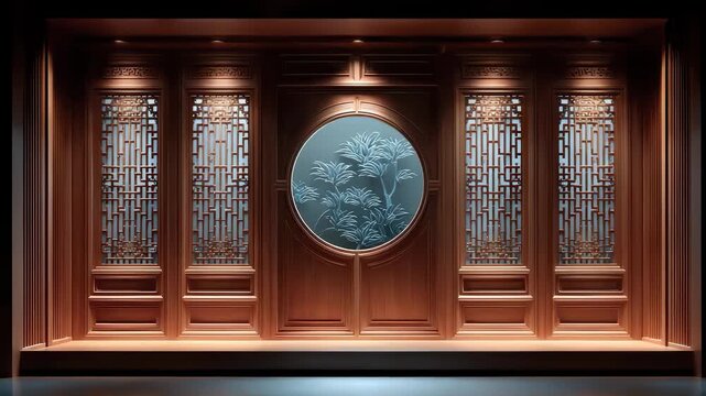 Elegant Tang Style Wooden Screen Background Showcasing Eastern Artistic Conception