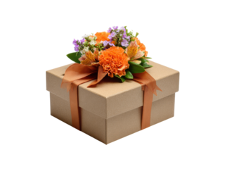 Kraft box with orange flowers and ribbon paper gift, Isolated, Png Transparent Background