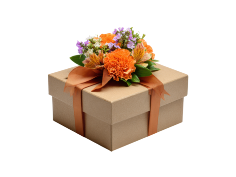 Kraft box with orange flowers and ribbon paper gift, Isolated, Png Transparent Background