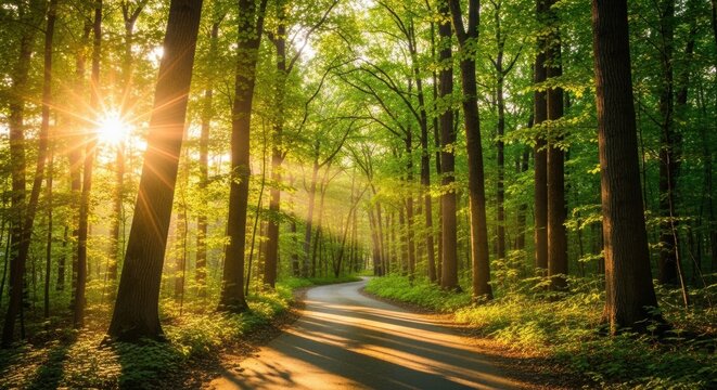 "A winding paved road disappears into a lush, vibrant green forest, illuminated by brilliant sun rays bursting through the tall trees on the left side." - Powered by Adobe