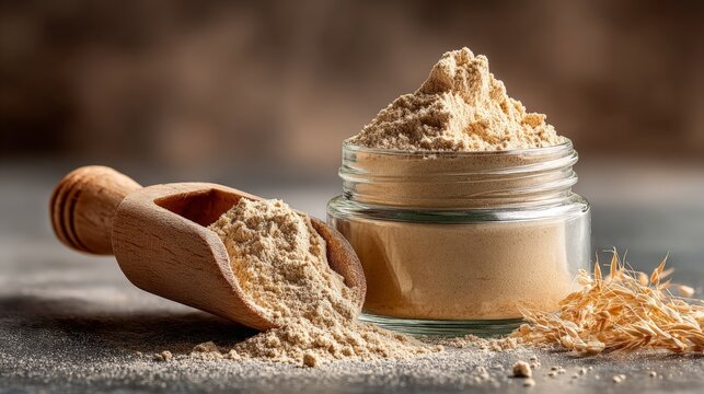 Glass jar contains fine flour with a wooden scoop beside it, scattered flour on the surface, and dried grass elements, evoking a rustic kitchen ambiance - Powered by Adobe