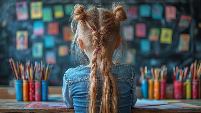 A young girl with braided hair is immersed in her colorful artwork and art supplies, sparking creativity