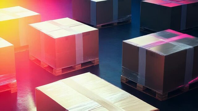 Storing cardboard boxes on pallets in warehouse distribution center
