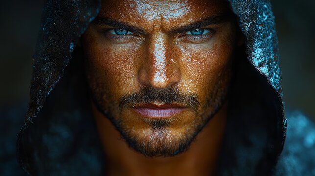 A man in a hood with raindrops on his face, showcasing deep emotions and determination