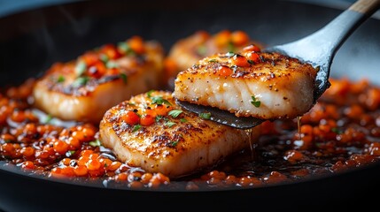 Tender fish fillets in a rich, flavorful herb sauce for an exquisite dining experience