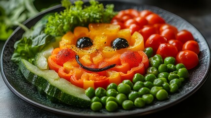 Cheerful veggie platter with a smiling face made of cucumbers, bell peppers, and cherry tomatoes
