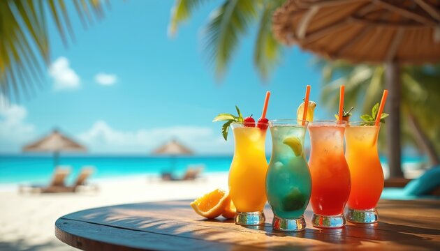Panoramic view of tropical beach displaying vibrant cocktails, refreshing drinks. Guests enjoy colourful beverages under palm trees beside clear blue ocean water. Image represents summer vacation - Powered by Adobe