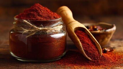 Glass jar brimming with rich red spice powder, paired with wooden scoop and scattered spice on rustic wood, highlighting culinary artistry and natural ingredients