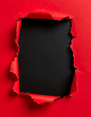 Torn red paper revealing black background in close-up view