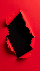 Torn red paper revealing black background in close-up view