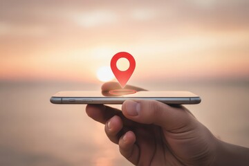 Hand holding smartphone with red location pin icon over screen against sunset background, concept of GPS navigation, travel app, and digital mapping technology