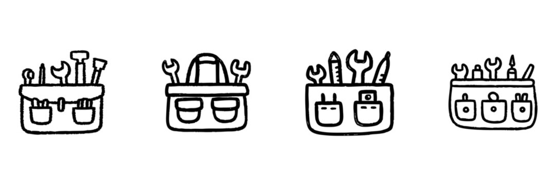 Toolbox Line Icon Set In Doodle Style. Handyman Tools And Equipment Outline Sketch Collection. Construction, Repair, And Maintenance Symbols. Hand Drawn Isolated Vector Illustration
