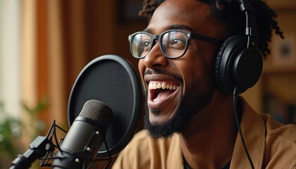 Black man wearing headphones speaks into microphone recording audio. He laughs while creating content for his podcast show. Online radio host in home studio with pop filter on mic.