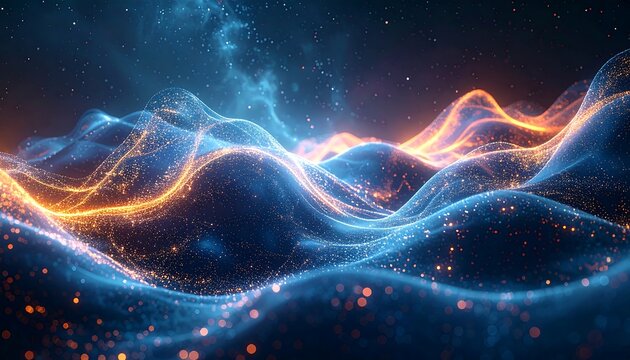 Abstract landscape with flowing, glowing curves in blues and oranges, against a starlit cosmic background