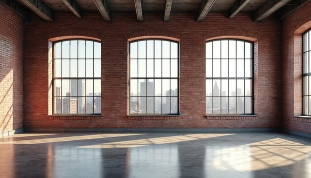 Empty industrial loft interior with large windows city skyline. Red brick walls reflect sunlight casting shadows on concrete floor. Open space apartment design with modern architecture, urban - Powered by Adobe