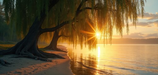 Weeping willow trees line sandy shore beside calm lake at sunset. Golden sun rays pierce through hanging branches. Water reflects warm light. Peaceful nature scene.