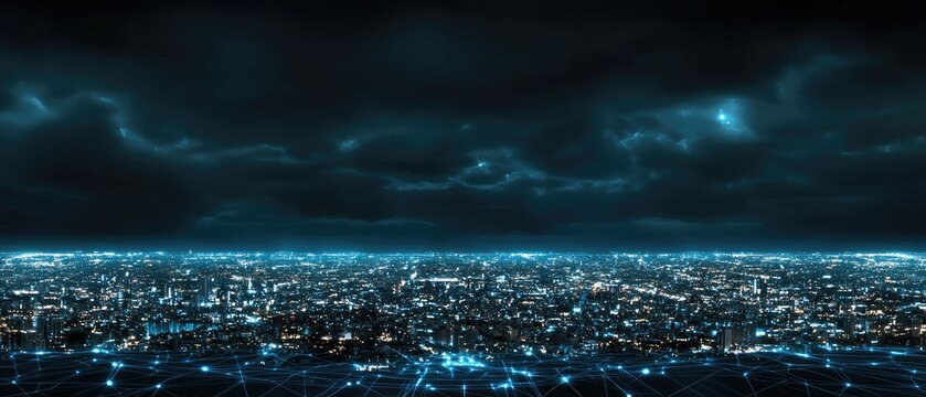 Futuristic cityscape showcases urban technology with digital lines and data connections illuminating the night skyline