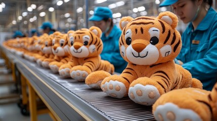 Dedicated workers skillfully assemble soft toy tigers, highlighting teamwork and craftsmanship in a busy factory