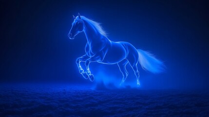 A glowing blue horse runs energetically through an enchanting, foggy environment, creating a magical atmosphere