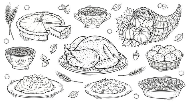 Detailed thanksgiving dinner illustration with turkey, pie, and cornucopia in black and white