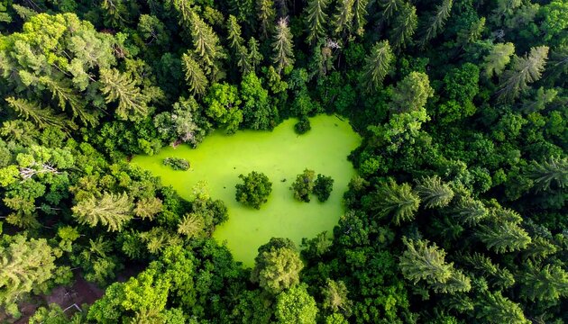 Aerial view of a pond covered in green algae, surrounded by dense forest of coniferous and deciduous trees