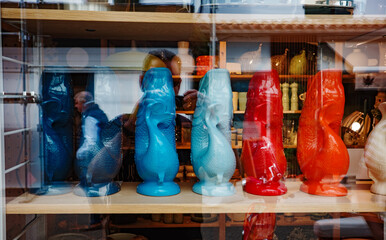 colourful vases in a shop window, France