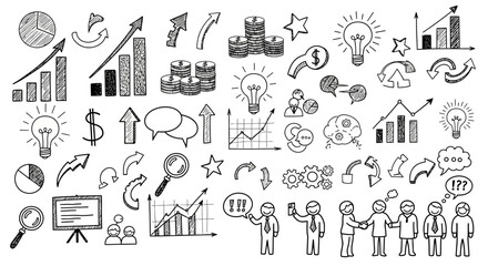 Hand-drawn business doodles representing growth, ideas, and teamwork on white background